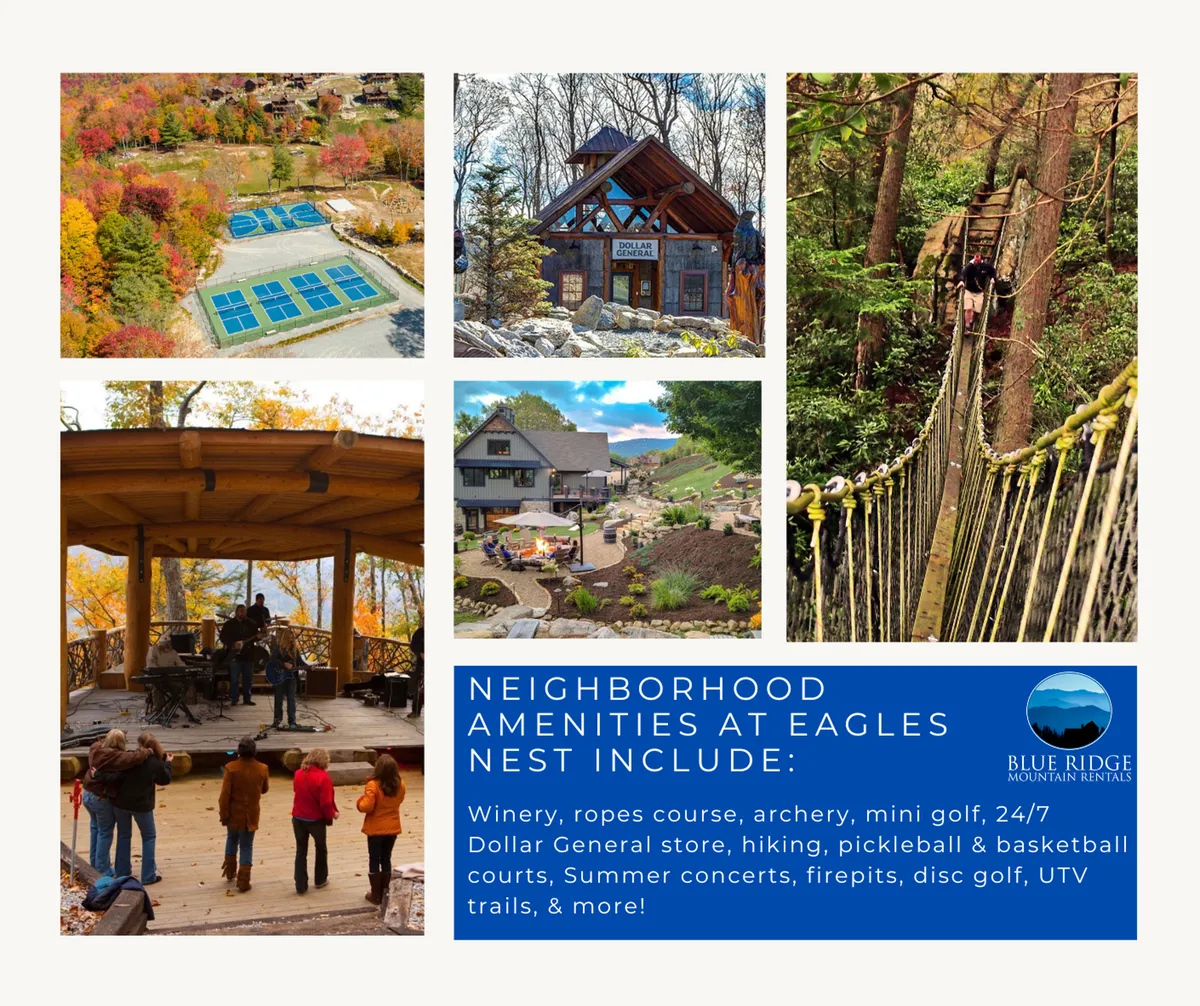 A vibrant community gathering area with a ropes course, mini golf, outdoor concert stage, and walking trails. People are hiking, playing games, and attending a summer concert, surrounded by a joyful, communal atmosphere.